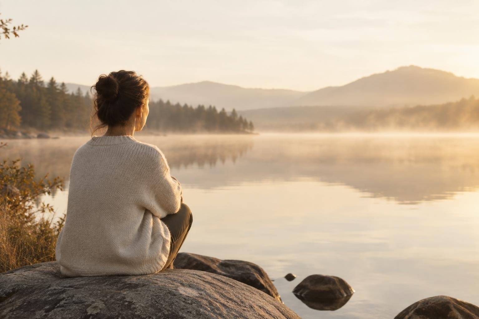 En person sidder roligt på en sten ved en sø i blødt morgenlys