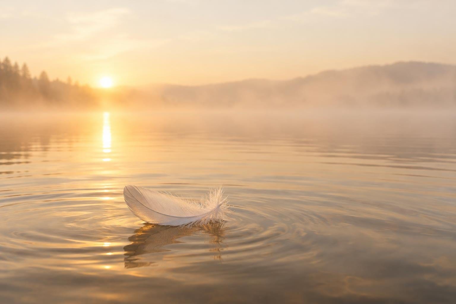 Blødt morgenlys over et stille vand, hvor en fjer flyder på overfladen