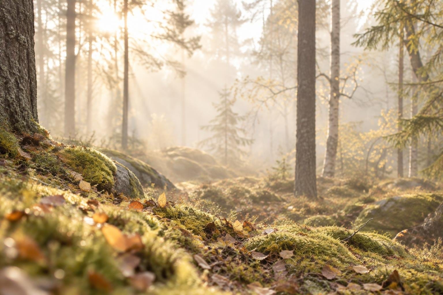 Morgenlys gennem tåge over en lys skovbund
