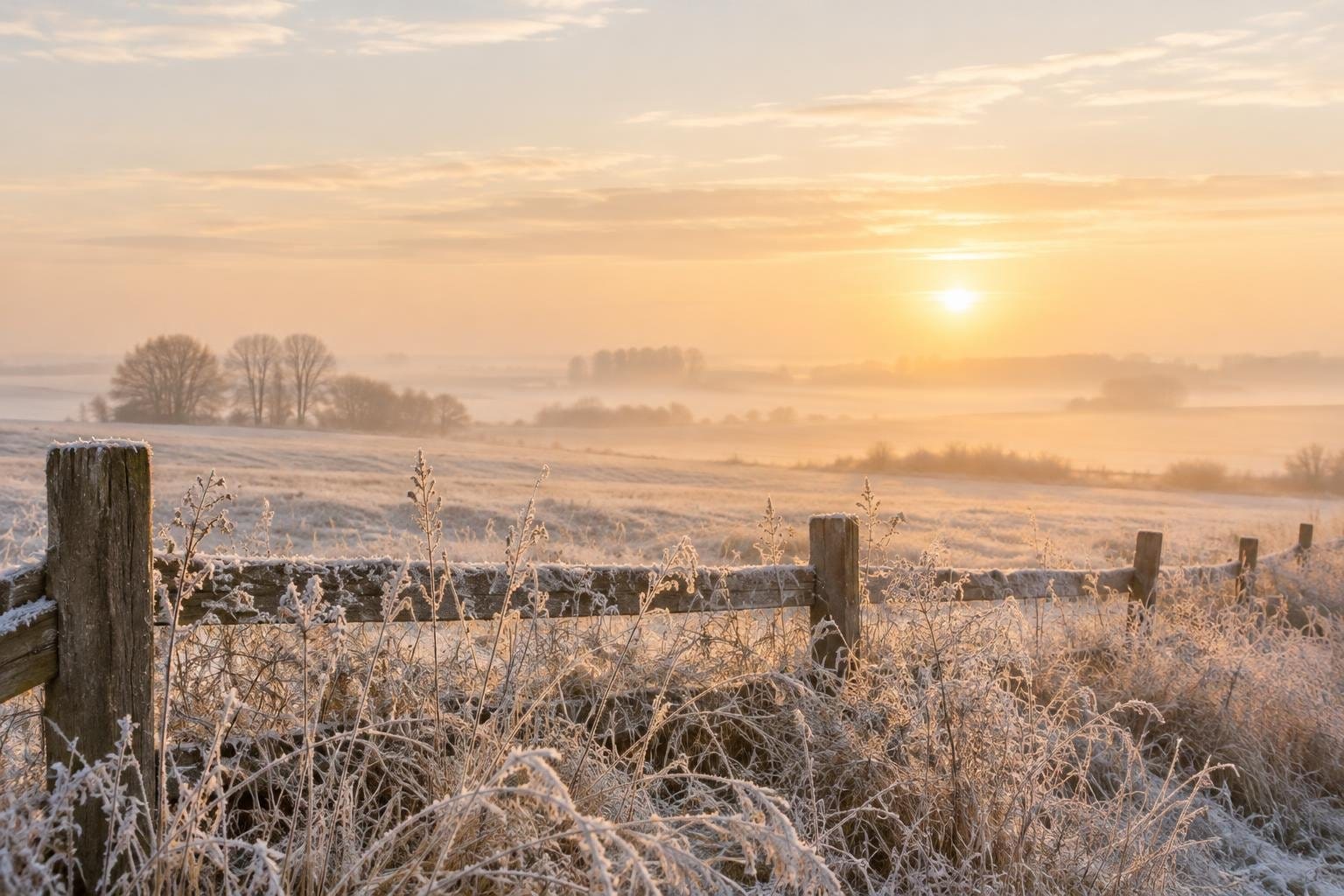 Rimfrost på højt græs og et gammelt træhegn en stille vintermorgen