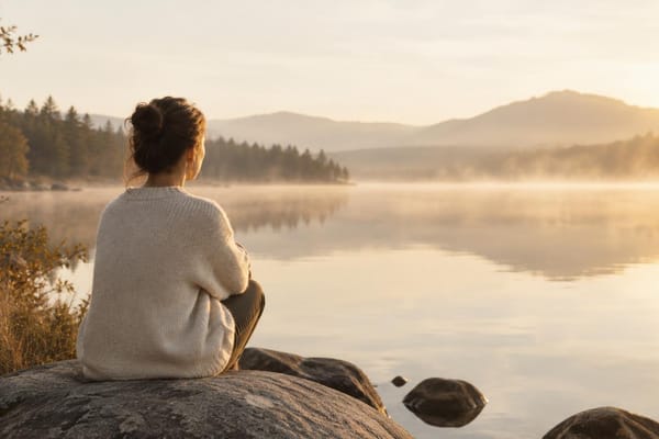 En person sidder roligt på en sten ved en sø i blødt morgenlys