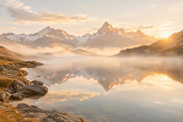 Morgendis over en stille sø i bjergene ved solopgang i varmt, blødt lys