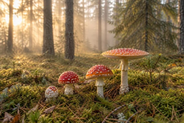 En lille gruppe røde fluesvampe med hvide prikker i forskellige stadier, fra en lille rund knop til en stor svamp med flad hat, i mosset på en skovbund med nåletræer i morgendis